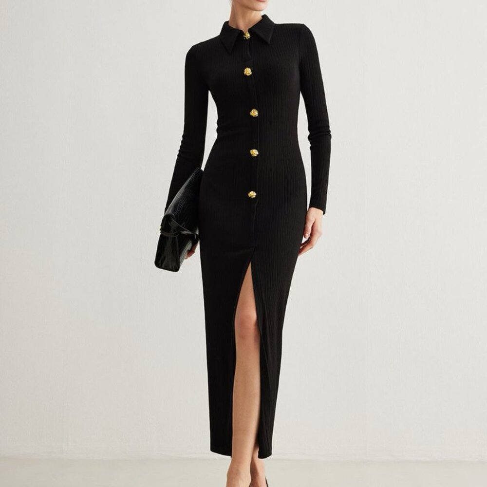 Commense Metal Button-Down Split Lapel Dress XS